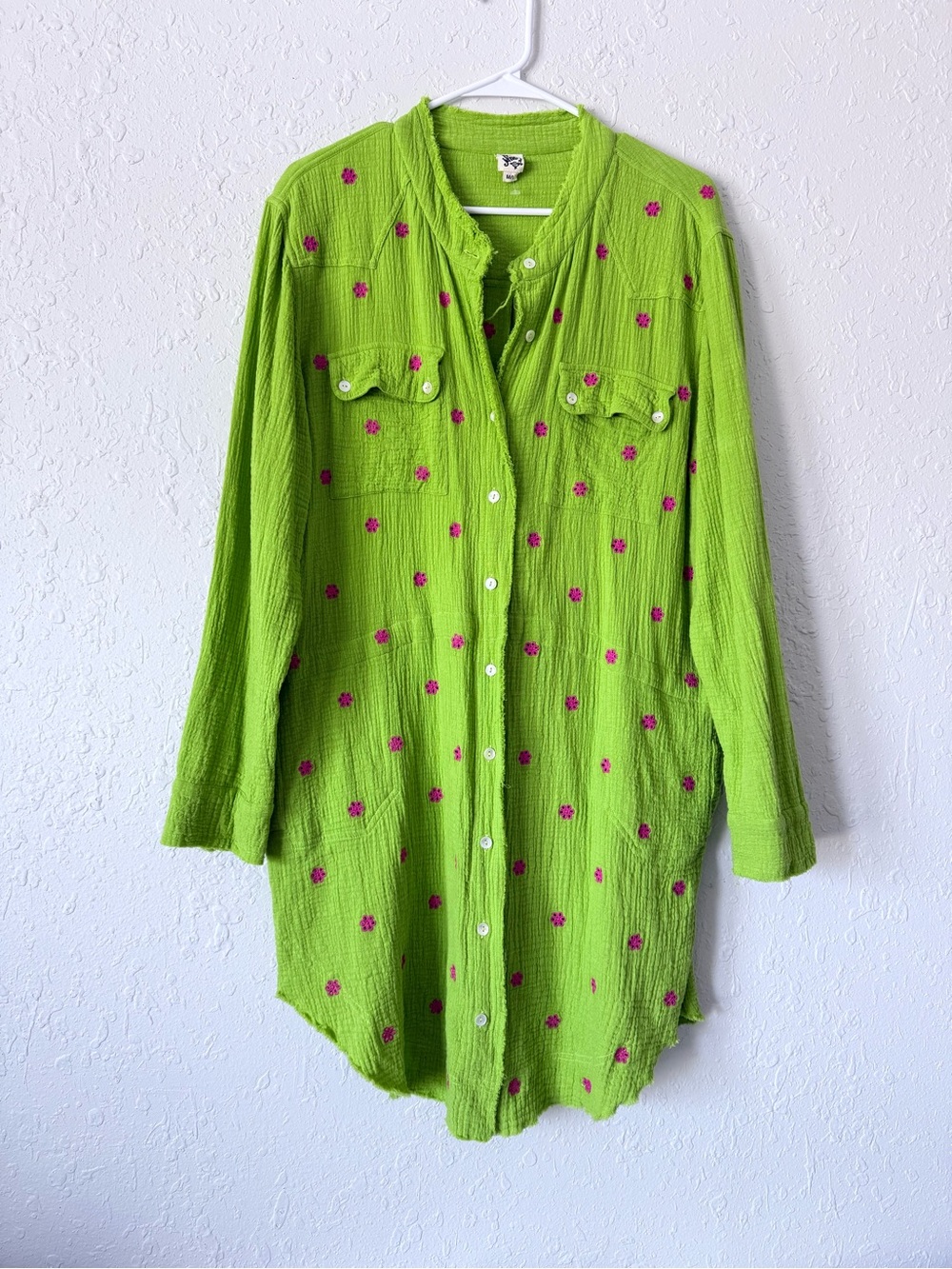 Ivy Jane Eyelet Floral Raw Edge Button Front Gauze Dress Green Medium / Large